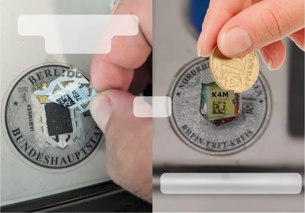 Two close-ups of registration seals on number plates. On the left a film is being peeled off with the fingers, on the right the layer is being rubbed away with a coin, revealing a three-character code underneath.