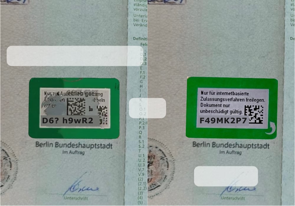 Two photographs of the green field on a Zulassungsbescheinigung Teil I. On the left the layer is damaged and the code partly destroyed; on the right it is intact and clearly legible.