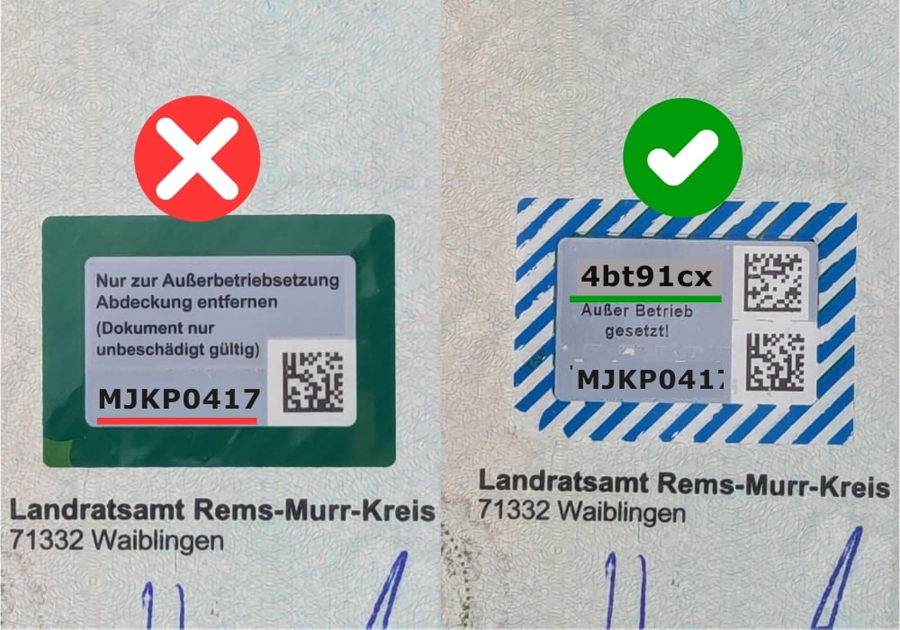 Two photographs of the same field on a registration certificate. On the left with a red cross: the covering is still in place and only the document number is visible. On the right with a green tick: the covering has been removed and the actual security code is visible.